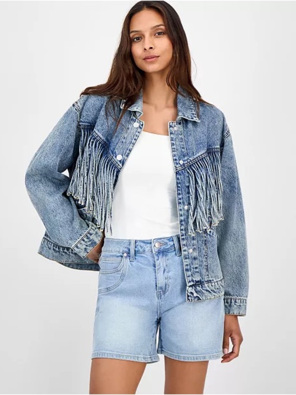 And Now This Women's Fringed Denim Trucker Jacket